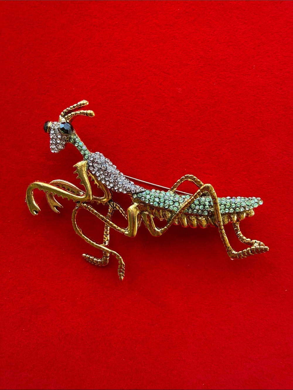 Anthropologie Gold-Tone Green and Clear Crystal Mantis Brooch